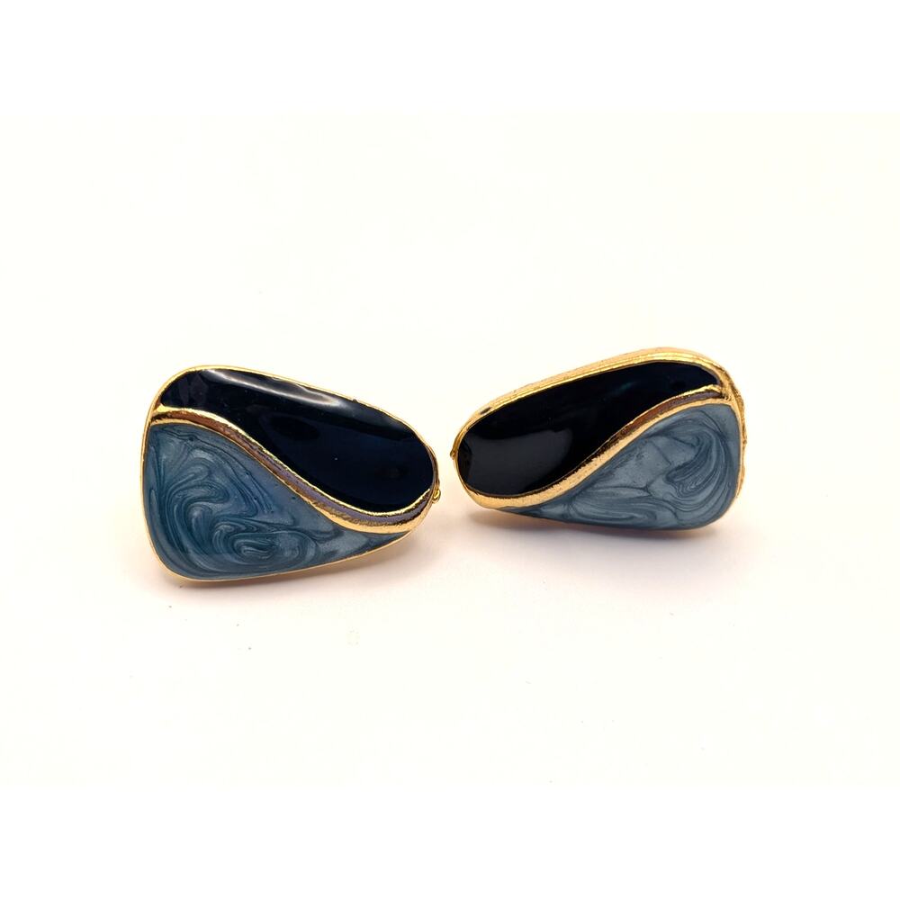 Blue Marbled Enamel Clip On Earrings Gold Tone Abstract Retro 1in - Picture 3 of 6